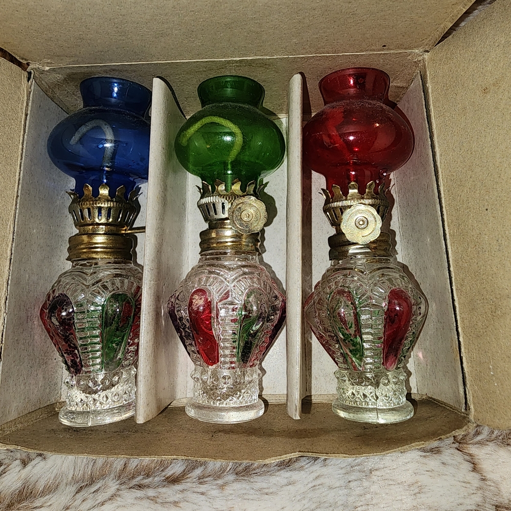 Vintage Glass Oil Lamps Set - Red, Green, Blue